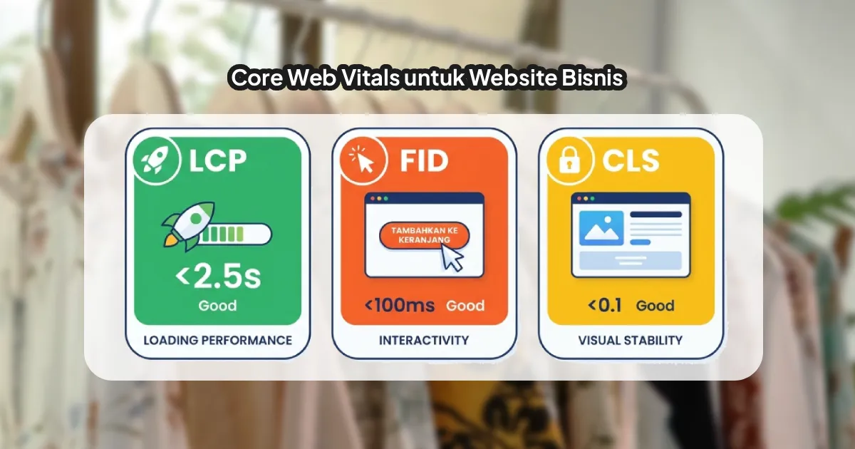 Ilustrasi panduan Core Web Vitals untuk website bisnis: LCP, INP, dan CLS